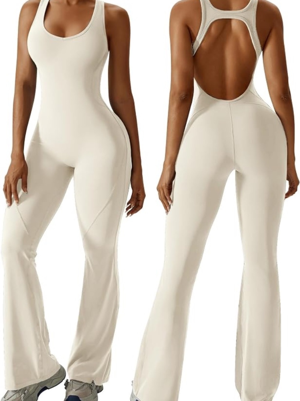 OEAK women’s flare jumpsuit with built-In bra – beige – size small